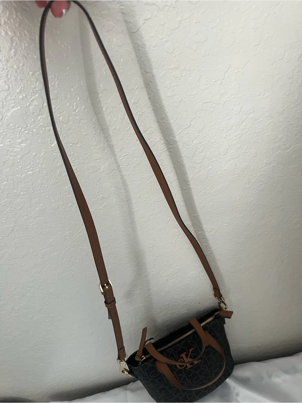 Calvin Klein Monogram Mini Tote Crossbody Bag Brown